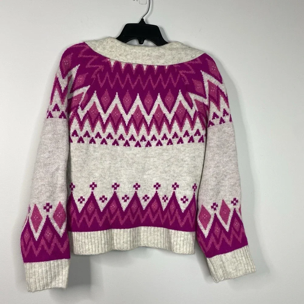CeCe Women's Medium Collared‎ Fair Isle Sweater Beige/Magenta Long Flare Sleeve